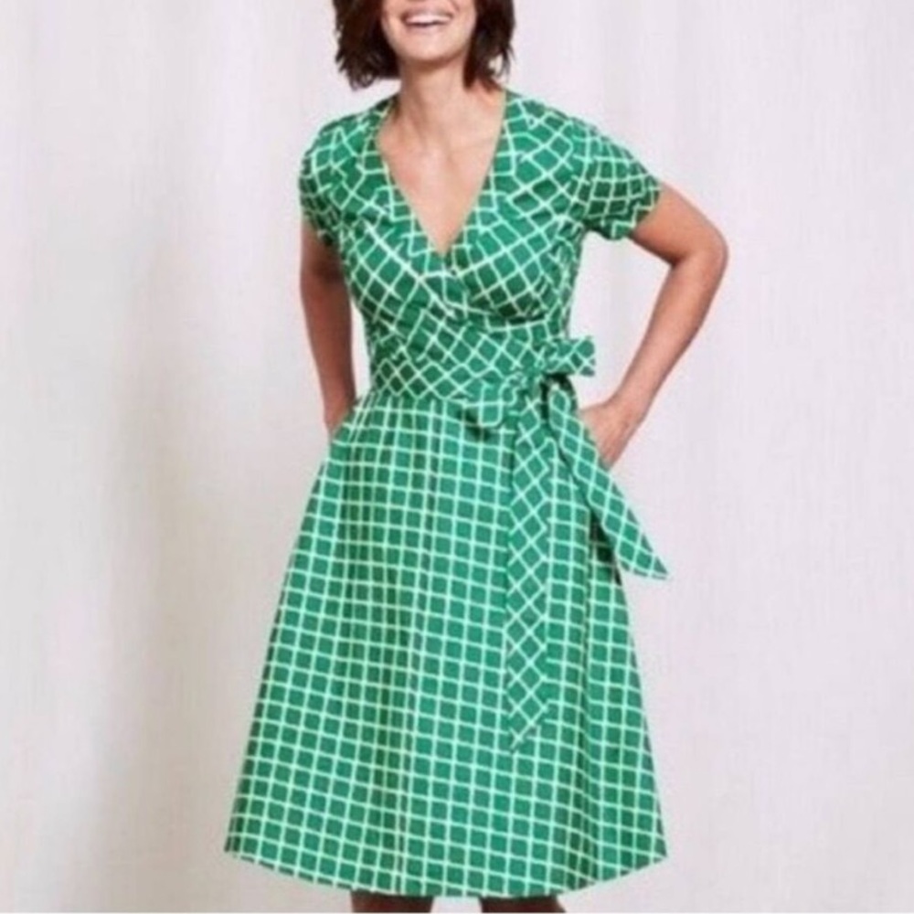 Boden Green Grid Wrap Mini Dress
